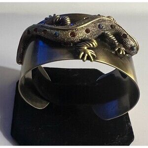 Gecko Lizard Wide Cuff Bangle Bracelet Gold Tone Multicolor